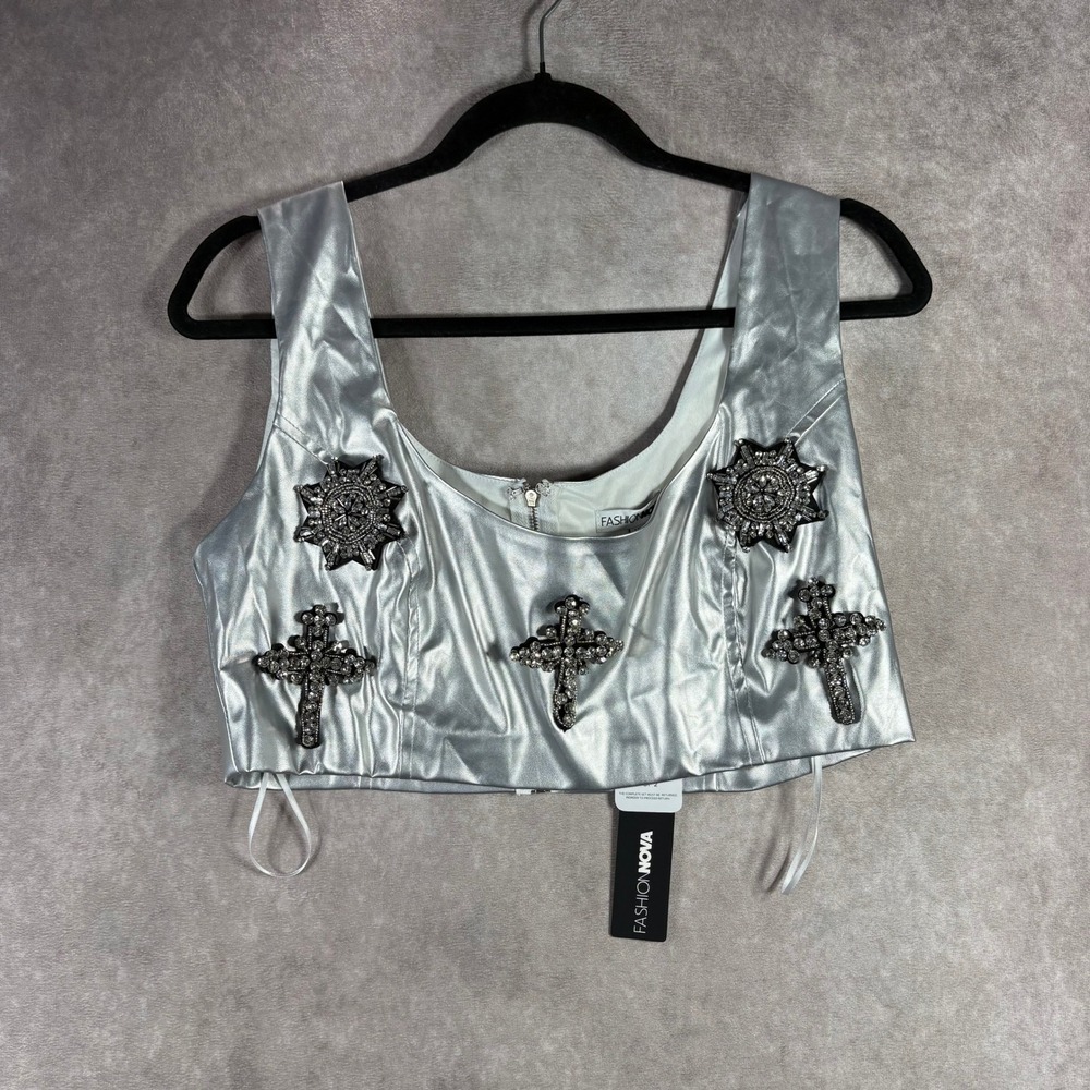 Fashion Nova Crop Top Women S Silver‎ Metallic Rhinestone Cross Embellished Goth